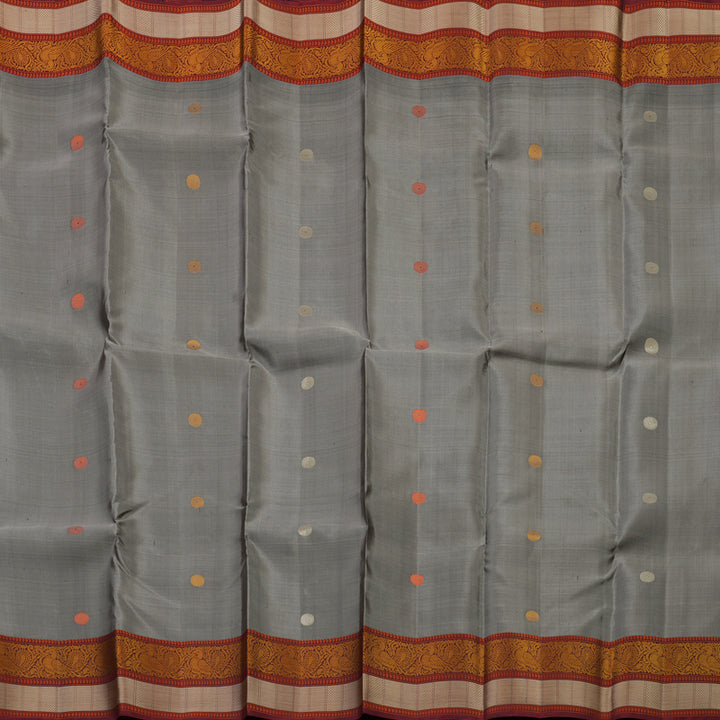 Hayagrivas Handloom Elephant Grey Kanjivaram Silk Saree with Araku Maroon Border KSBE24I17-1