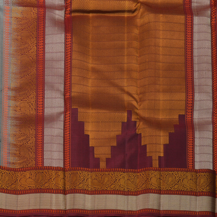 Hayagrivas Handloom Elephant Grey Kanjivaram Silk Saree with Araku Maroon Border KSBE24I17-1