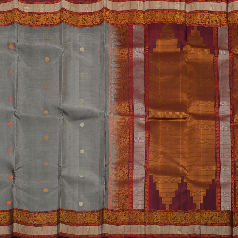 Hayagrivas Handloom Elephant Grey Kanjivaram Silk Saree with Araku Maroon Border KSBE24I17-1