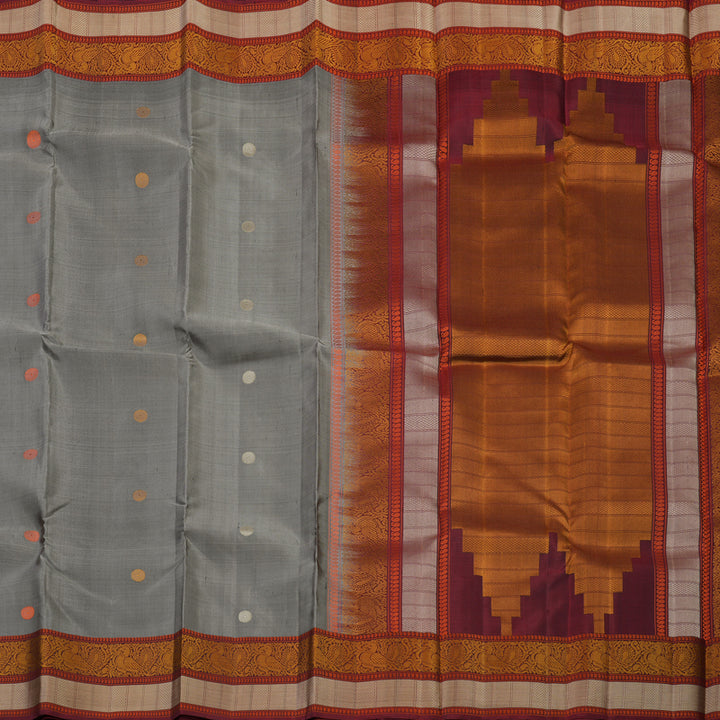 Hayagrivas Handloom Elephant Grey Kanjivaram Silk Saree with Araku Maroon Border KSBE24I17-1