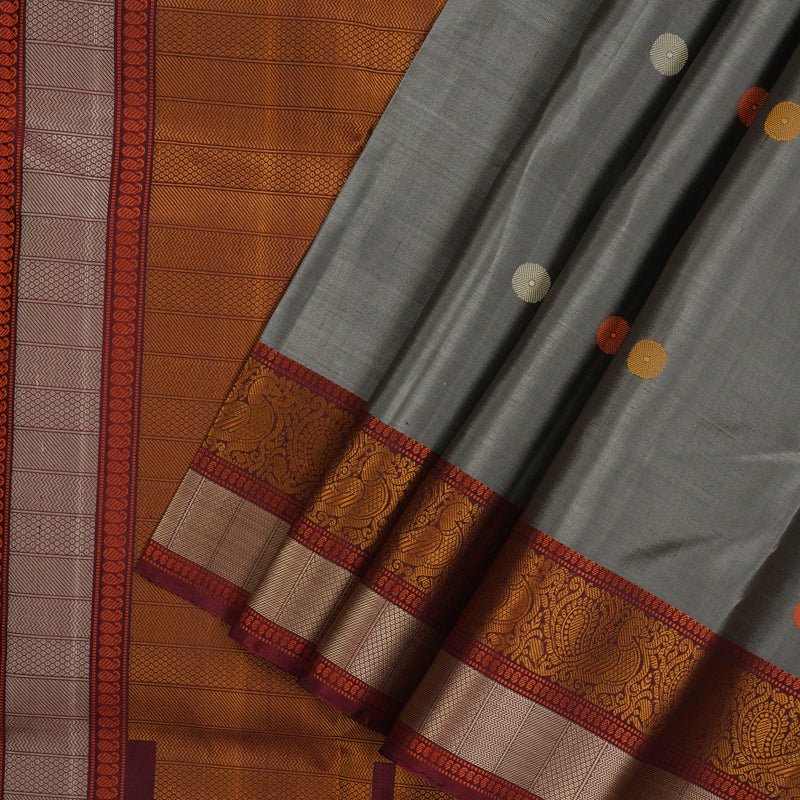 Hayagrivas Handloom Elephant Grey Kanjivaram Silk Saree with Araku Maroon Border KSBE24I17-1