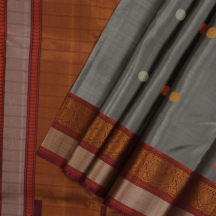 Hayagrivas Handloom Elephant Grey Kanjivaram Silk Saree with Araku Maroon Border KSBE24I17-1