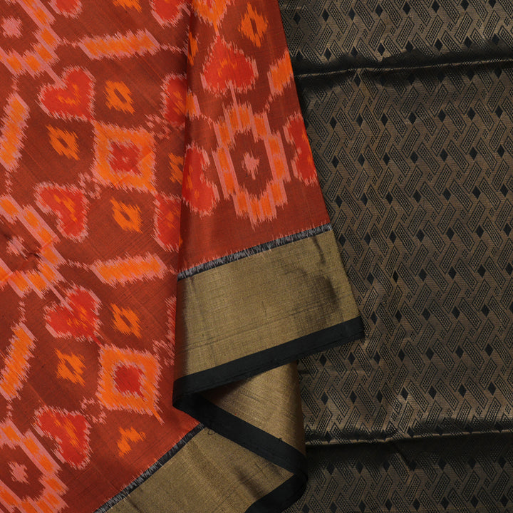 Hayagrivas Burnt Orange Pure Ikkat Soft Silk Saree KSBE28I4-5