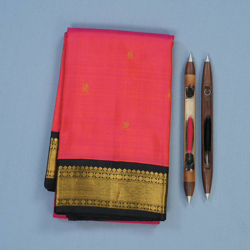 Hayagrivas Handloom Orangish-Pink Kanjivaram Silk Saree with Black Border KSBE40J10-5
