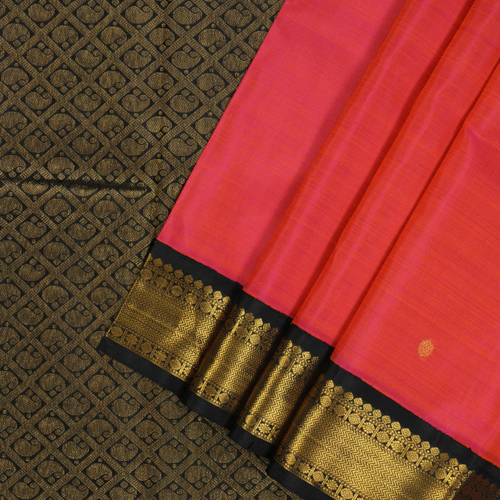 Hayagrivas Handloom Orangish-Pink Kanjivaram Silk Saree with Black Border KSBE40J10-5