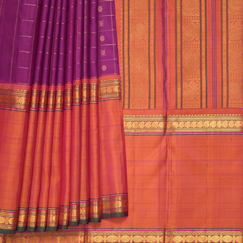 Hayagrivas Handloom Magenta Kanjivaram Silk Saree with Orangish-Pink Border KSBE40J7-1