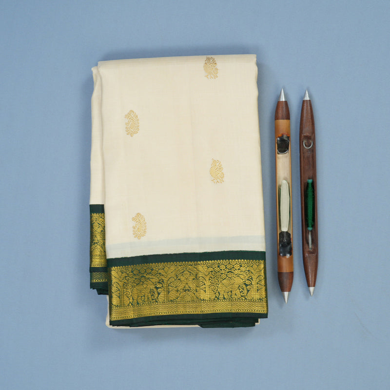 Hayagrivas Handloom Half-White Kanjivaram Silk Saree with Peacock Green Border KSBE42J5-2