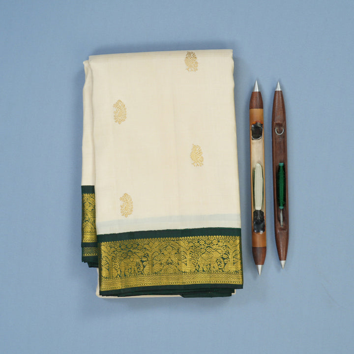 Hayagrivas Handloom Half-White Kanjivaram Silk Saree with Peacock Green Border KSBE42J5-2