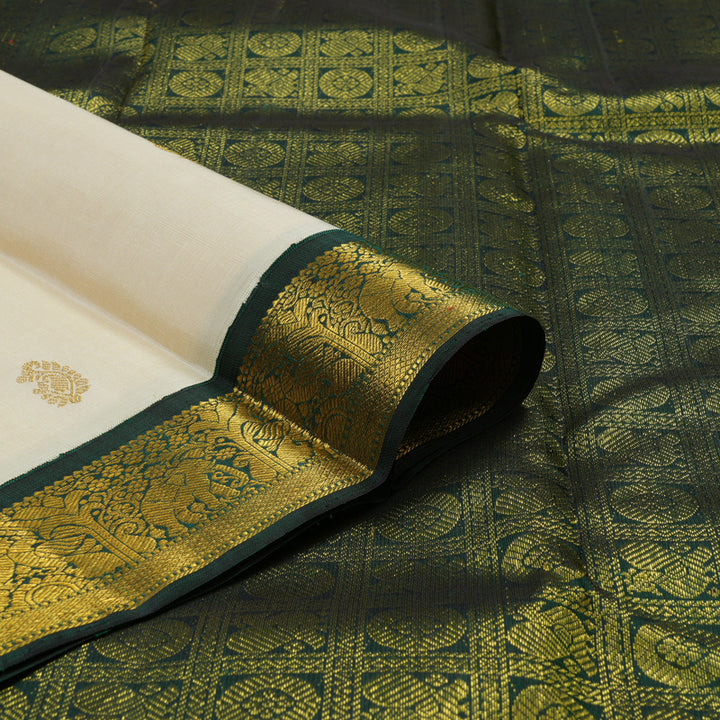 Hayagrivas Handloom Half-White Kanjivaram Silk Saree with Peacock Green Border KSBE42J5-2
