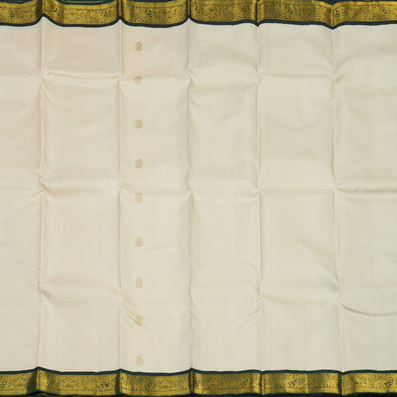 Hayagrivas Handloom Half-White Kanjivaram Silk Saree with Peacock Green Border KSBE42J5-2