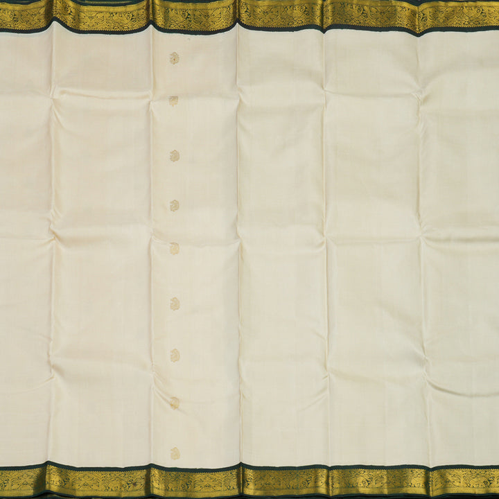Hayagrivas Handloom Half-White Kanjivaram Silk Saree with Peacock Green Border KSBE42J5-2