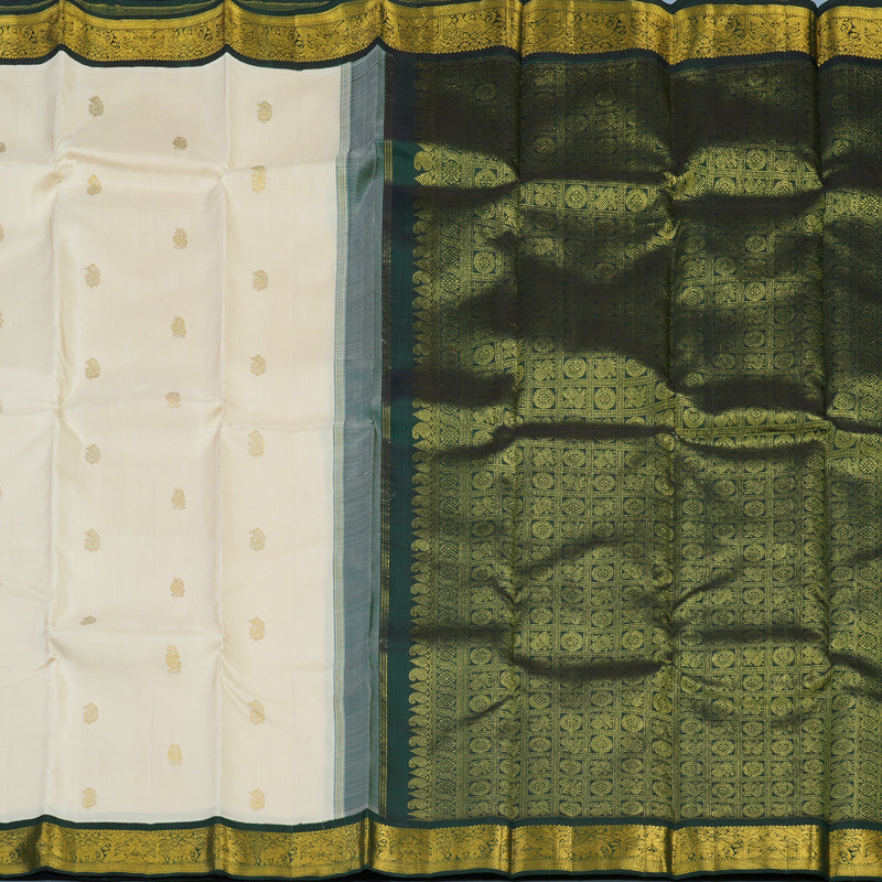 Hayagrivas Handloom Half-White Kanjivaram Silk Saree with Peacock Green Border KSBE42J5-2