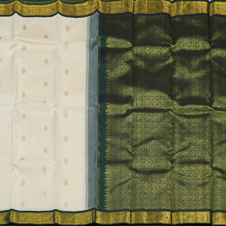 Hayagrivas Handloom Half-White Kanjivaram Silk Saree with Peacock Green Border KSBE42J5-2