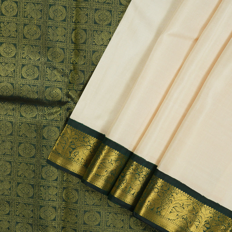 Hayagrivas Handloom Half-White Kanjivaram Silk Saree with Peacock Green Border KSBE42J5-2