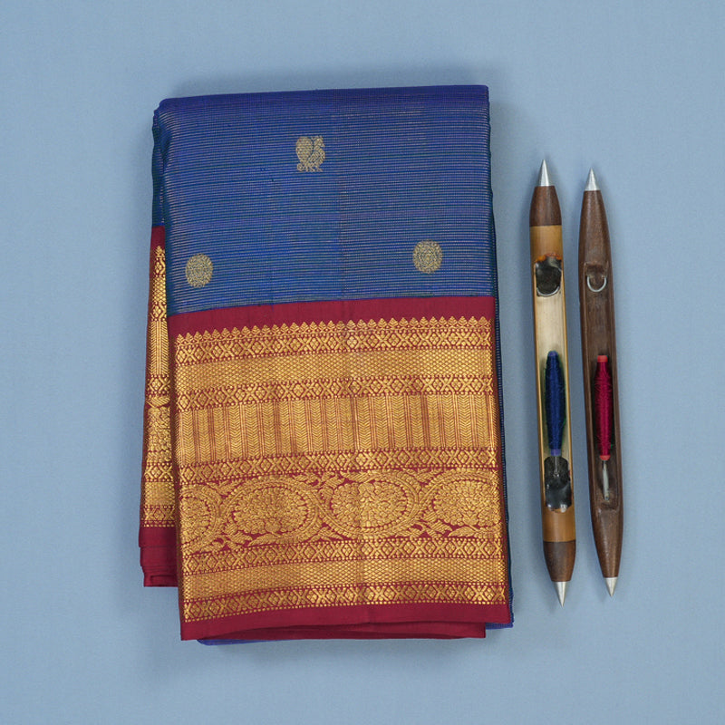 Hayagrivas Handloom Peacock Blue Kanjivaram Silk Saree with Maroon Border KSBE42J8-1