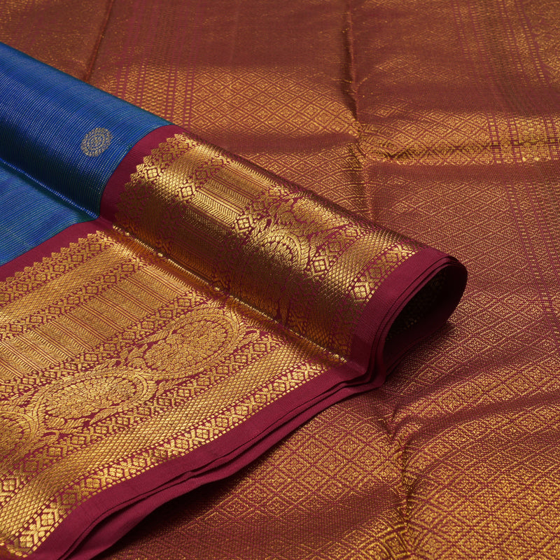 Hayagrivas Handloom Peacock Blue Kanjivaram Silk Saree with Maroon Border KSBE42J8-1