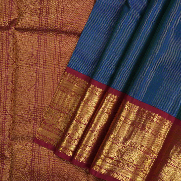 Hayagrivas Handloom Peacock Blue Kanjivaram Silk Saree with Maroon Border KSBE42J8-1