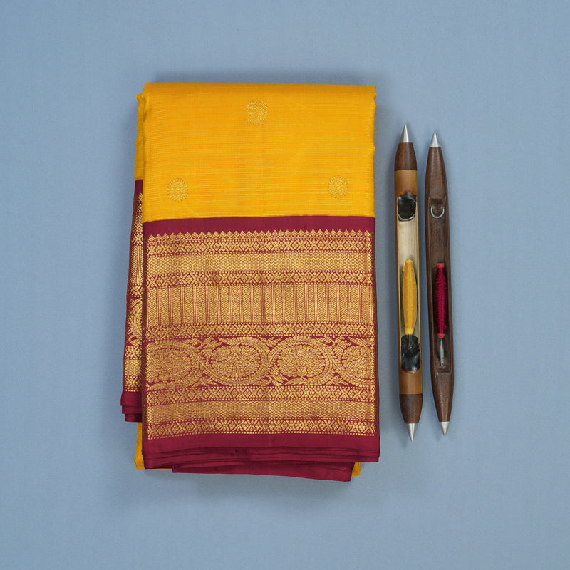 Hayagrivas Handloom Yellow Kanjivaram Silk Saree with Maroon Border KSBE42J8-5