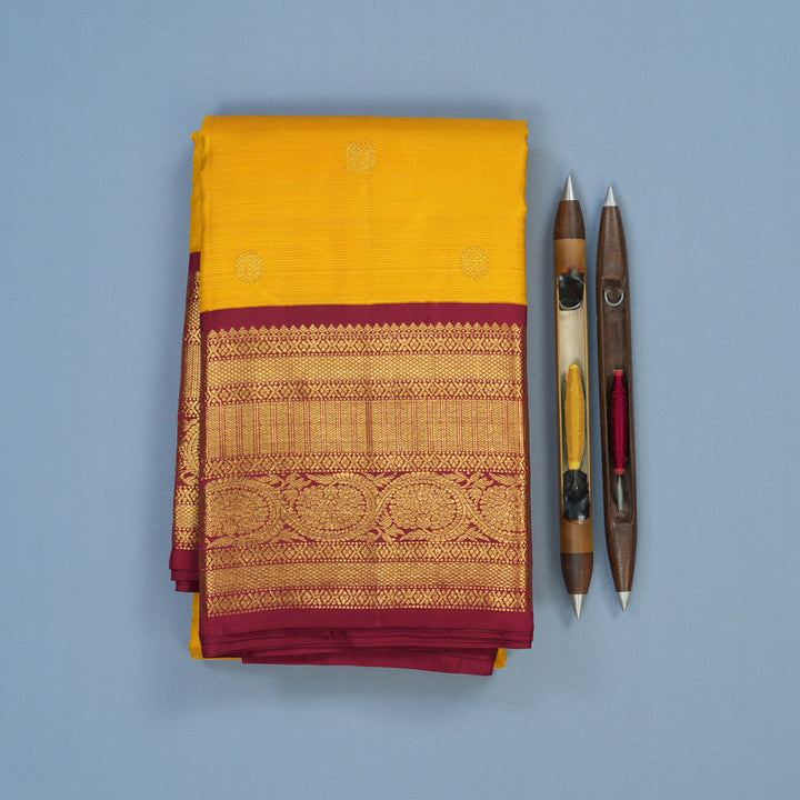 Hayagrivas Handloom Yellow Kanjivaram Silk Saree with Maroon Border KSBE42J8-5