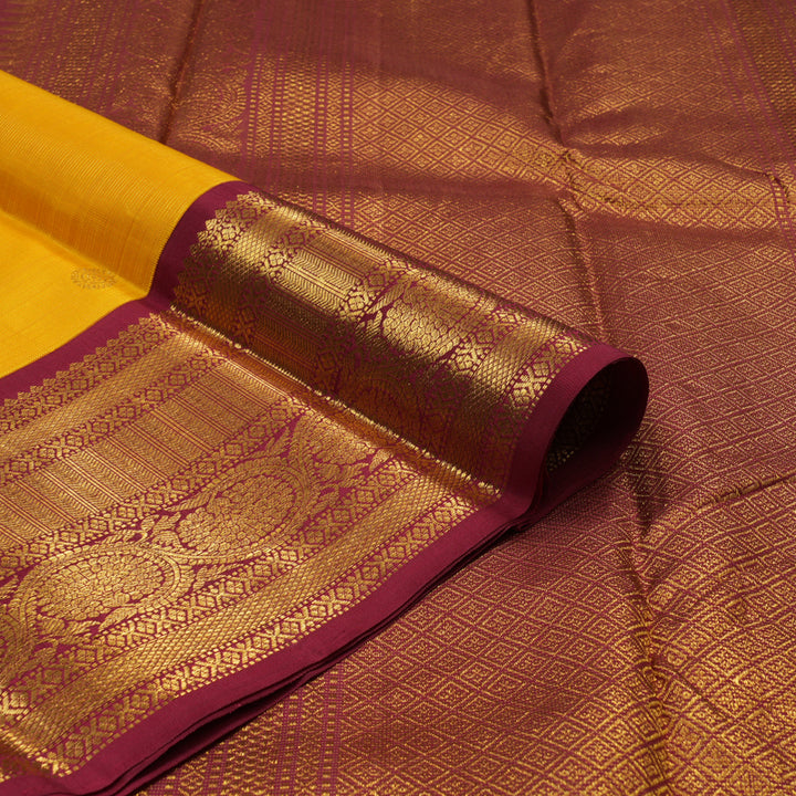Hayagrivas Handloom Yellow Kanjivaram Silk Saree with Maroon Border KSBE42J8-5