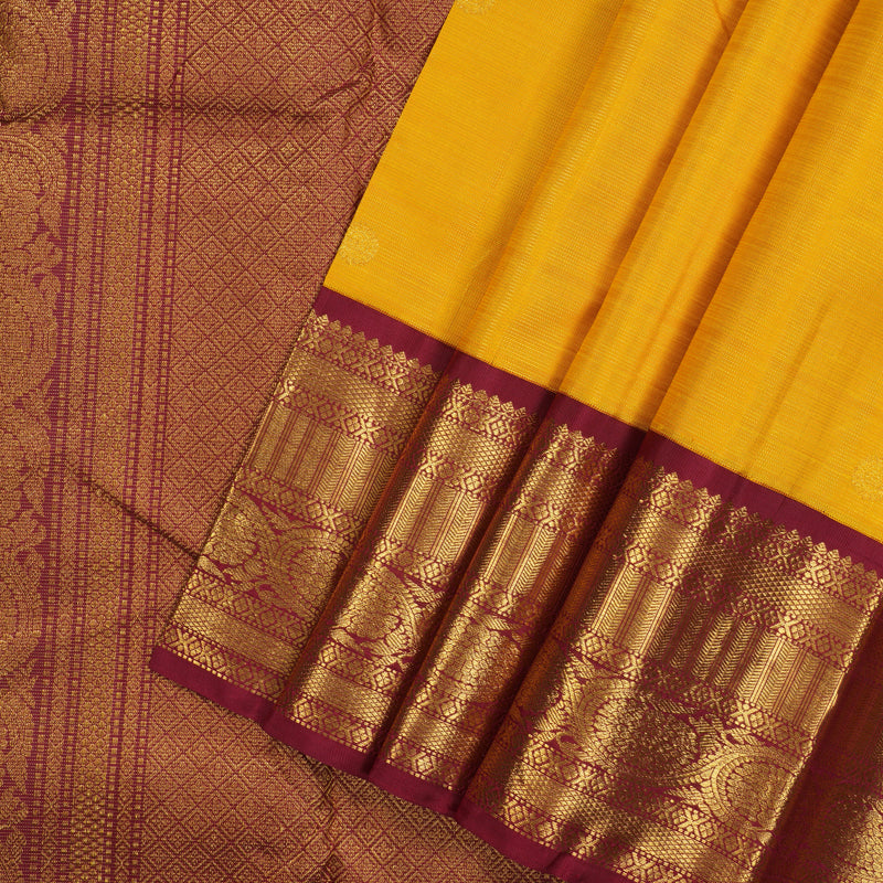 Hayagrivas Handloom Yellow Kanjivaram Silk Saree with Maroon Border KSBE42J8-5