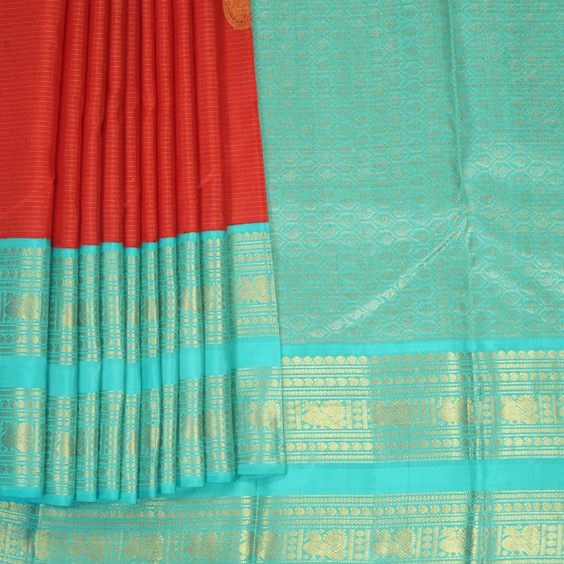 Hayagrivas Handloom Red Kanjivaram Silk Saree with Sea Blue Border KSBE42J8-6