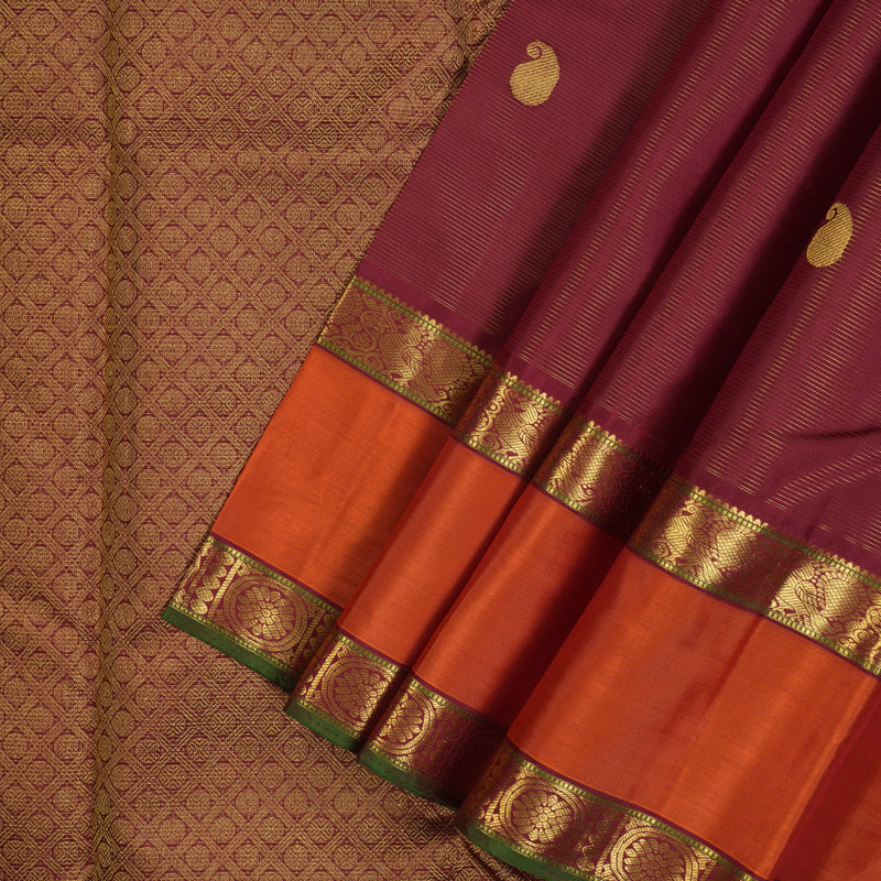 Hayagrivas Handloom Maroon Kanjivaram Silk Saree with Orange Border KSBE4H10-2