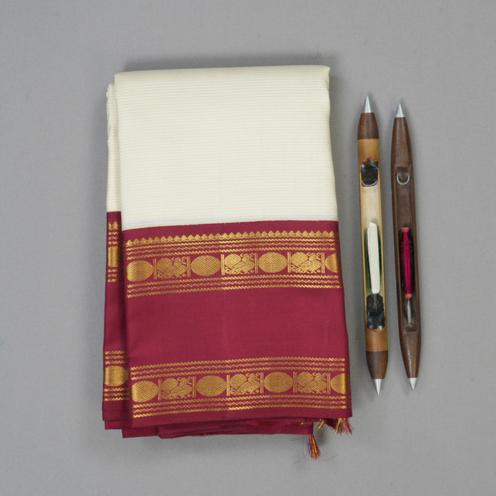 Hayagrivas Handloom Half-White Kanjivaram Silk Saree with Maroon Border KSBE4H15-1