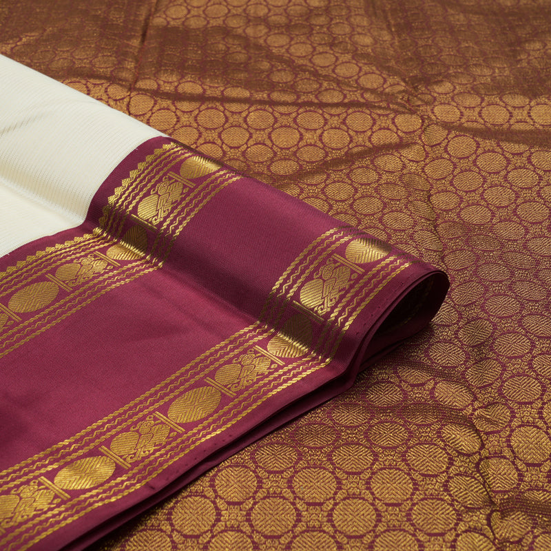 Hayagrivas Handloom Half-White Kanjivaram Silk Saree with Maroon Border KSBE4H15-1