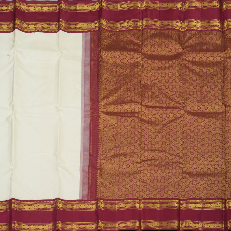 Hayagrivas Handloom Half-White Kanjivaram Silk Saree with Maroon Border KSBE4H15-1
