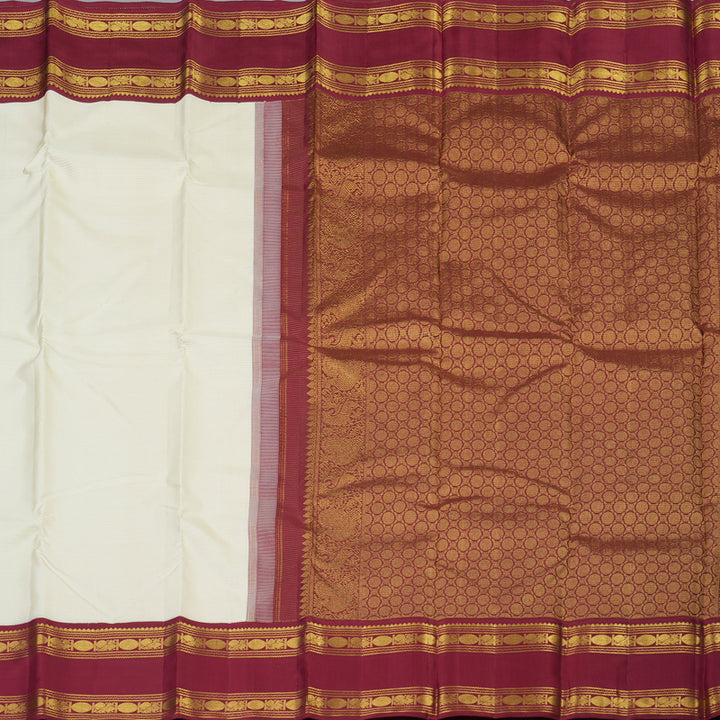 Hayagrivas Handloom Half-White Kanjivaram Silk Saree with Maroon Border KSBE4H15-1
