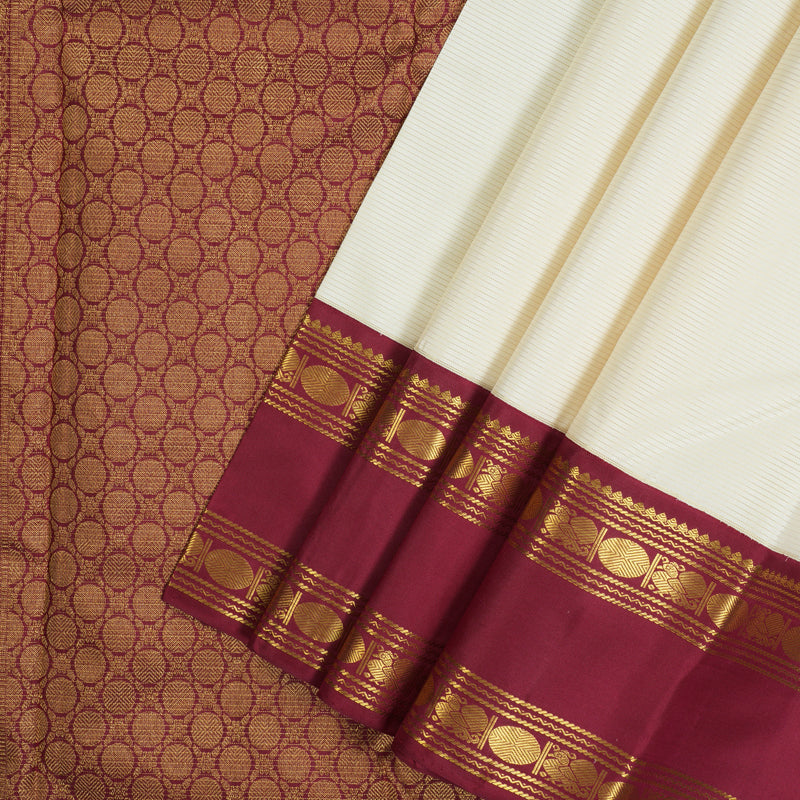 Hayagrivas Handloom Half-White Kanjivaram Silk Saree with Maroon Border KSBE4H15-1