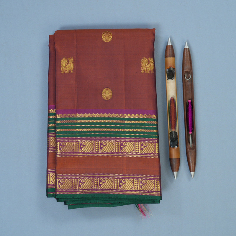Hayagrivas Handloom Rust Orange Kanjivaram Silk Saree with Purple Border KSBE4H19-3