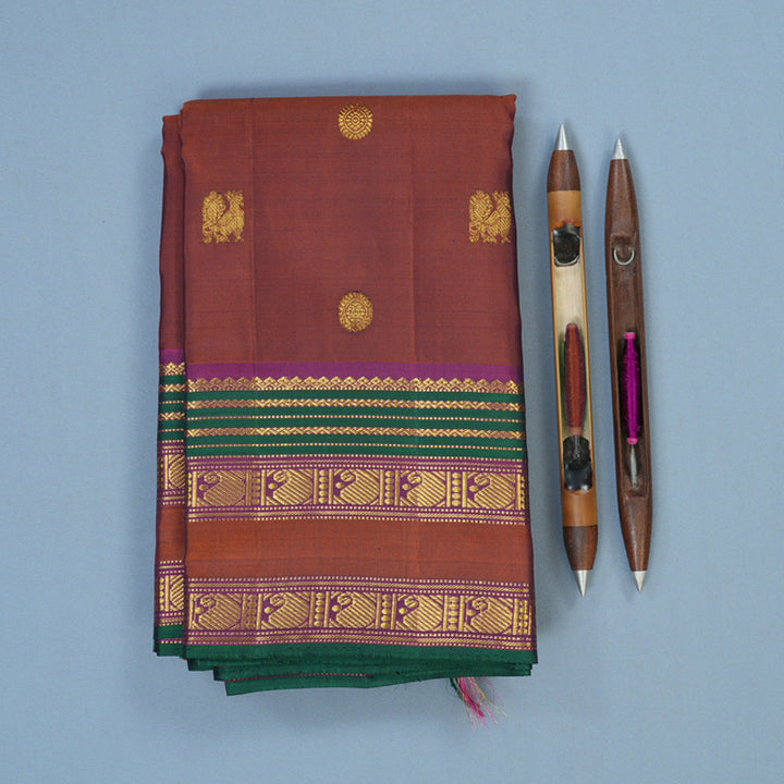 Hayagrivas Handloom Rust Orange Kanjivaram Silk Saree with Purple Border KSBE4H19-3