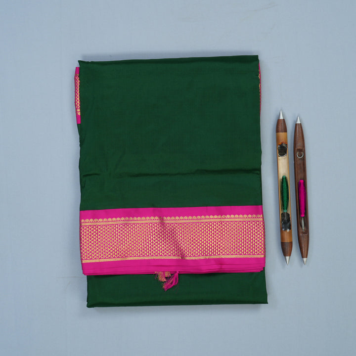 Hayagrivas Handloom Bottle Green Ten Yards Silk Saree with Magenta Border KSBE59K3-1