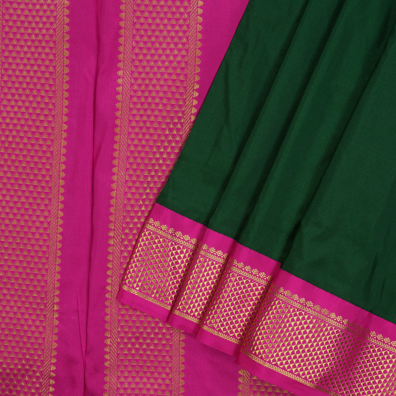 Hayagrivas Handloom Bottle Green Ten Yards Silk Saree with Magenta Border KSBE59K3-1