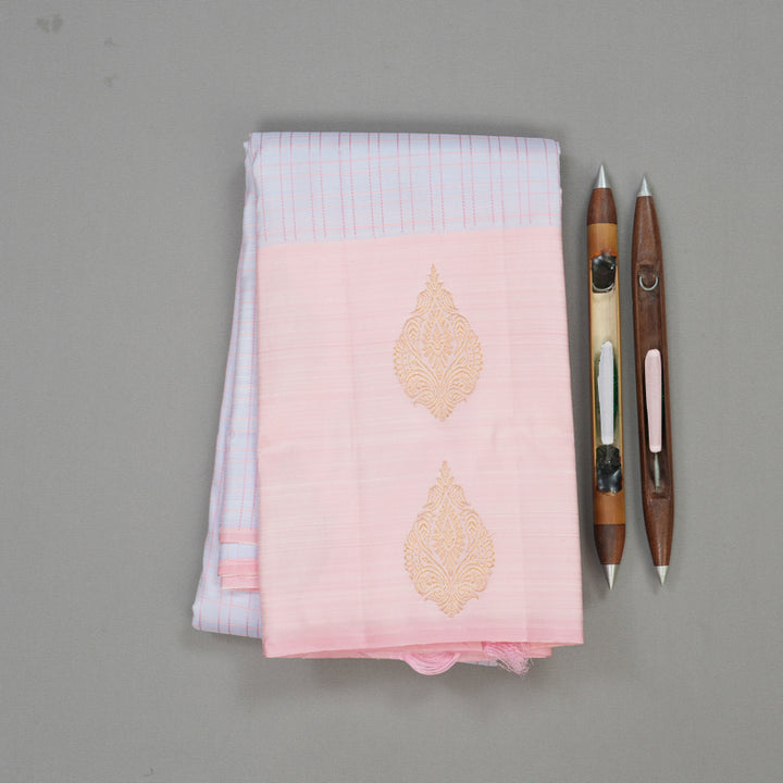 Hayagrivas Handloom Kanjivaram Powder Blue Silk Saree with Pastel Pink Border KSBE5H14-12