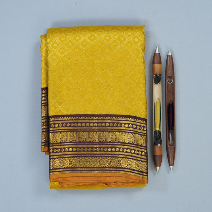 Hayagrivas Handloom Sampanga Yellow Kanjivaram Silk Saree with Kanchana Brown Border KSBE62L5-2