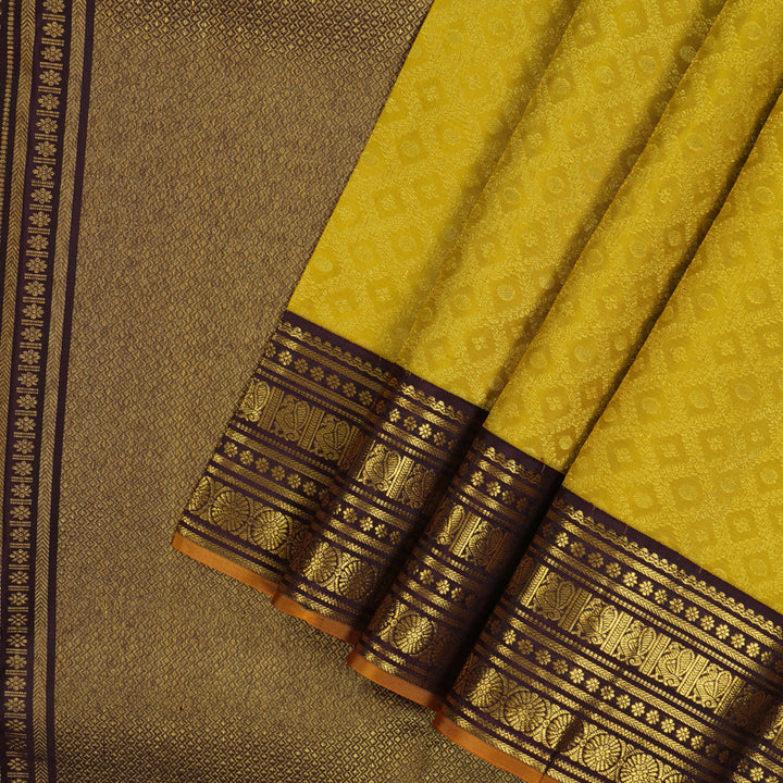 Hayagrivas Handloom Sampanga Yellow Kanjivaram Silk Saree with Kanchana Brown Border KSBE62L5-2
