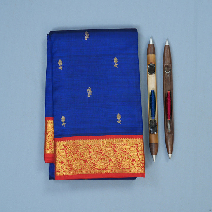 Hayagrivas Handloom MS Blue Kanjivaram Silk Saree with Red Border KSBE65L7-4