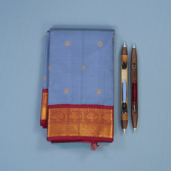Hayagrivas Handloom Bluish-Grey Kanjivaram Silk Saree with Maroon Border KSBE65L7-5