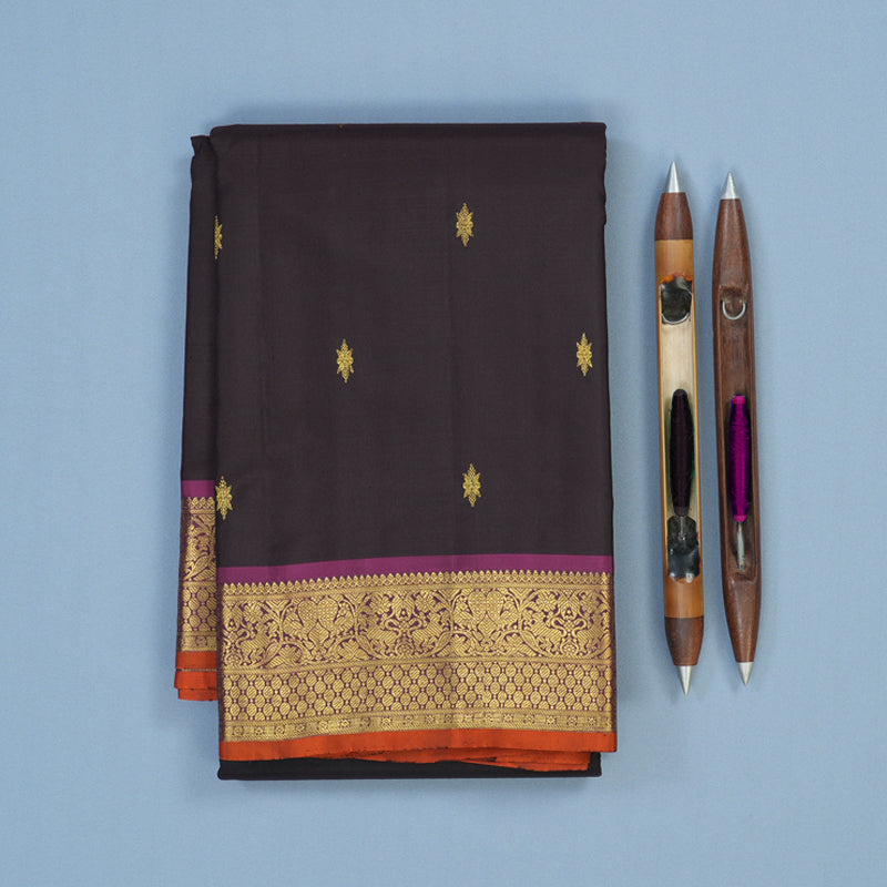 Hayagrivas Handloom Kanchana Brown Kanjivaram Silk Saree with Purple Border KSBE67L1-1