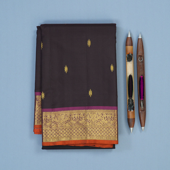 Hayagrivas Handloom Kanchana Brown Kanjivaram Silk Saree with Purple Border KSBE67L1-1