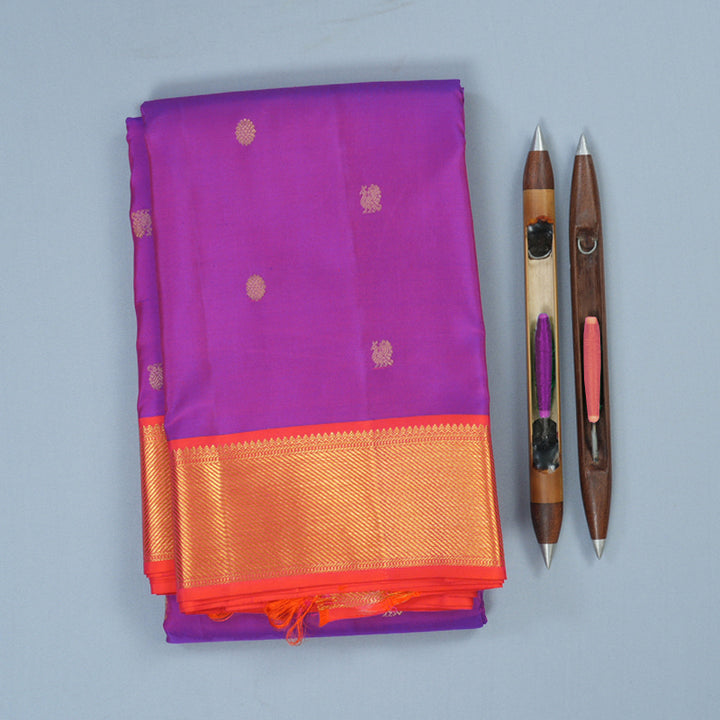 Hayagrivas Handloom Purple Kanjivaram Silk Saree with Bright Orangish-Pink Border KSBE76L15-3