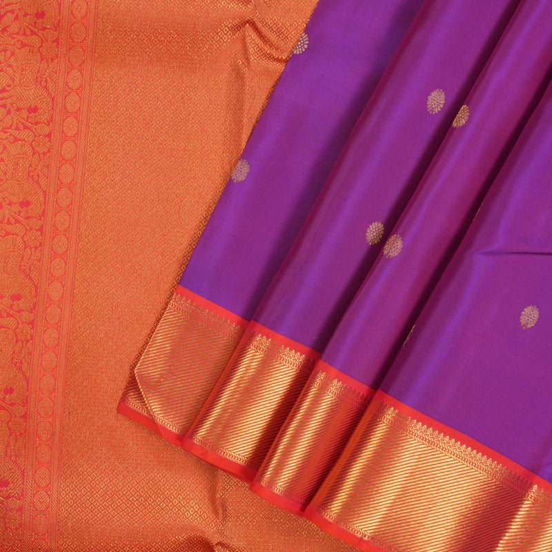 Hayagrivas Handloom Purple Kanjivaram Silk Saree with Bright Orangish-Pink Border KSBE76L15-3