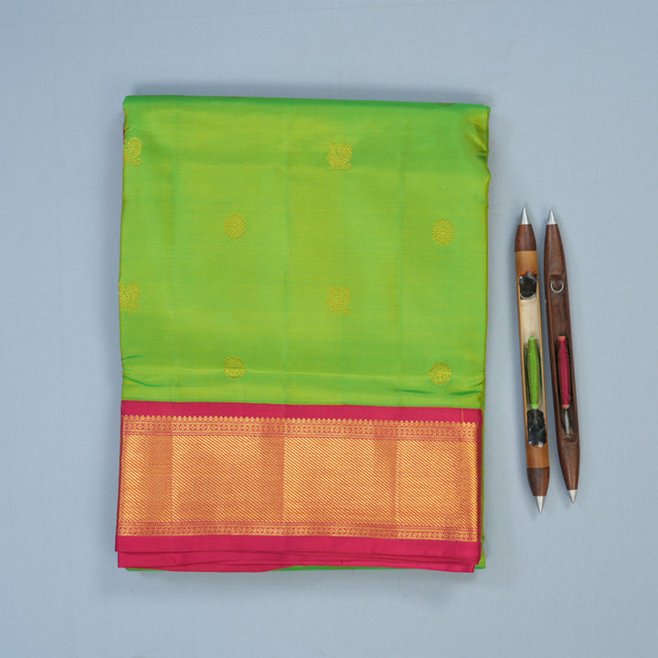 Hayagrivas Handloom Parrot Green Ten Yards Silk Saree with Pink Border KSBE76L3-5