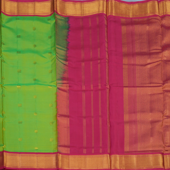 Hayagrivas Handloom Parrot Green Ten Yards Silk Saree with Pink Border KSBE76L3-5