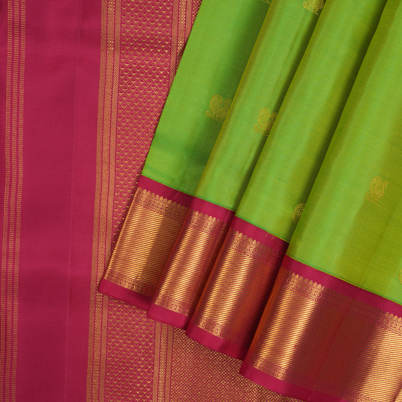 Hayagrivas Handloom Parrot Green Ten Yards Silk Saree with Pink Border KSBE76L3-5