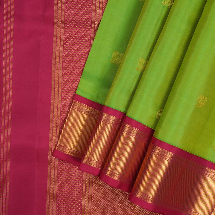 Hayagrivas Handloom Parrot Green Ten Yards Silk Saree with Pink Border KSBE76L3-5