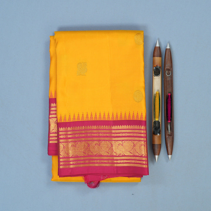Hayagrivas Handloom Yellow Kanjivaram Silk Saree with Pink Border KSBE76L9-15